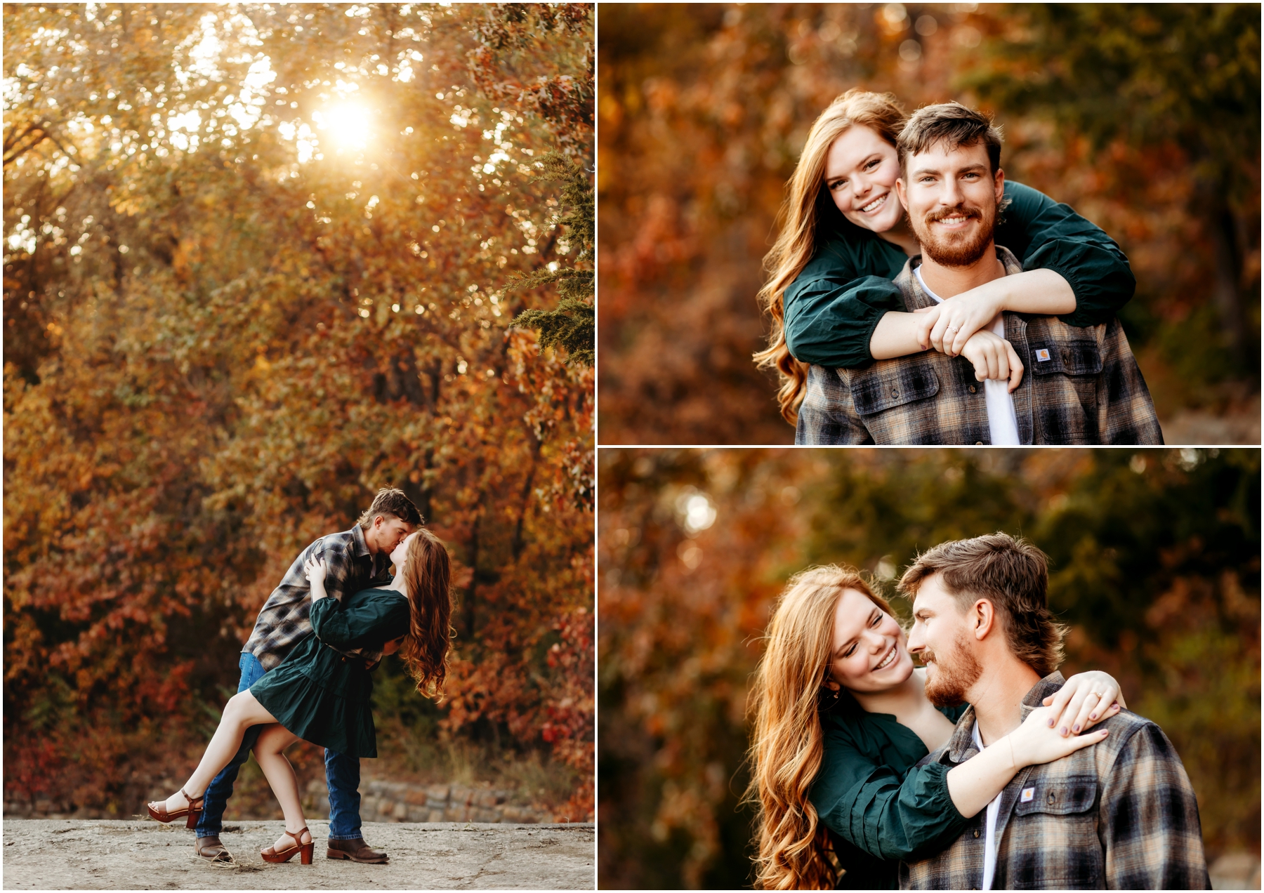 Faith and Stephen during their fall engagement session at Knob Noster State Park with Brittany Jewell Photography, surrounded by vibrant autumn foliage and scenic landscapes.