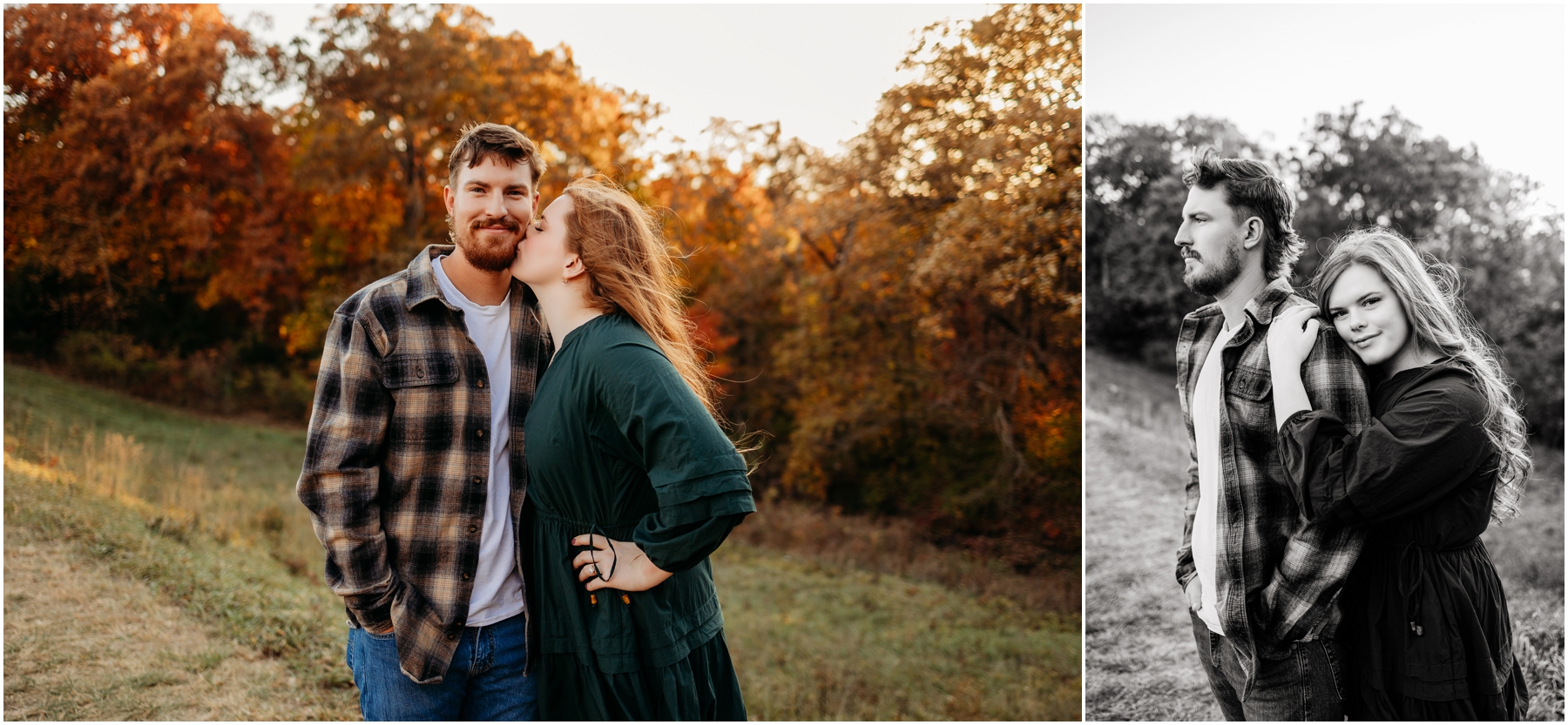 Faith and Stephen during their fall engagement session at Knob Noster State Park with Brittany Jewell Photography, surrounded by vibrant autumn foliage and scenic landscapes.