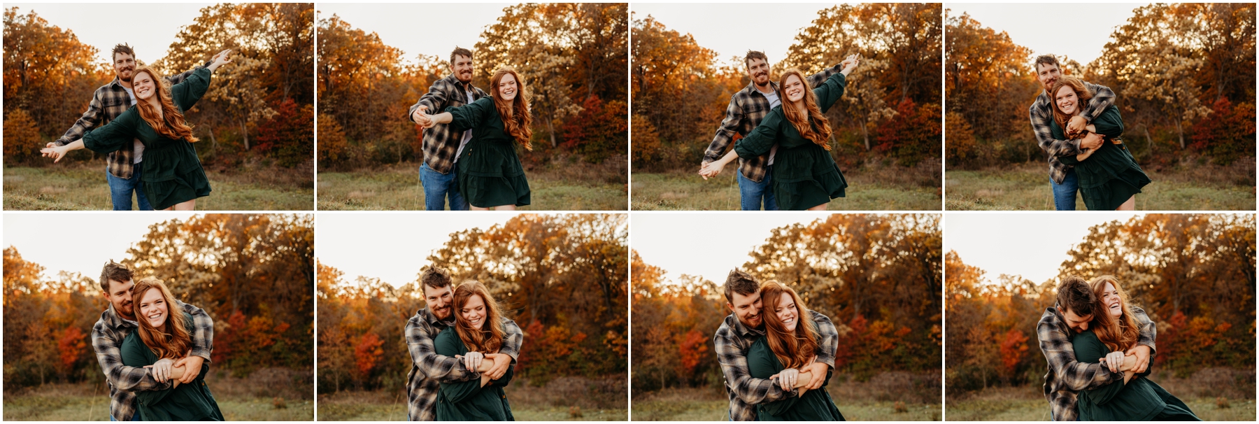 Faith and Stephen during their fall engagement session at Knob Noster State Park with Brittany Jewell Photography, surrounded by vibrant autumn foliage and scenic landscapes.