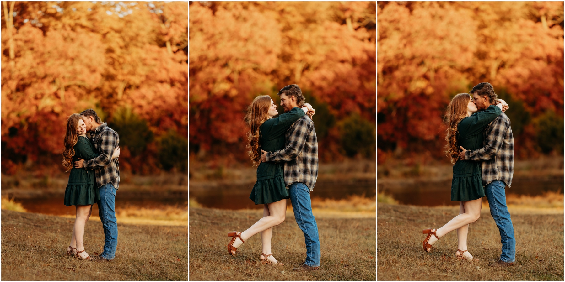 Faith and Stephen during their fall engagement session at Knob Noster State Park with Brittany Jewell Photography, surrounded by vibrant autumn foliage and scenic landscapes.