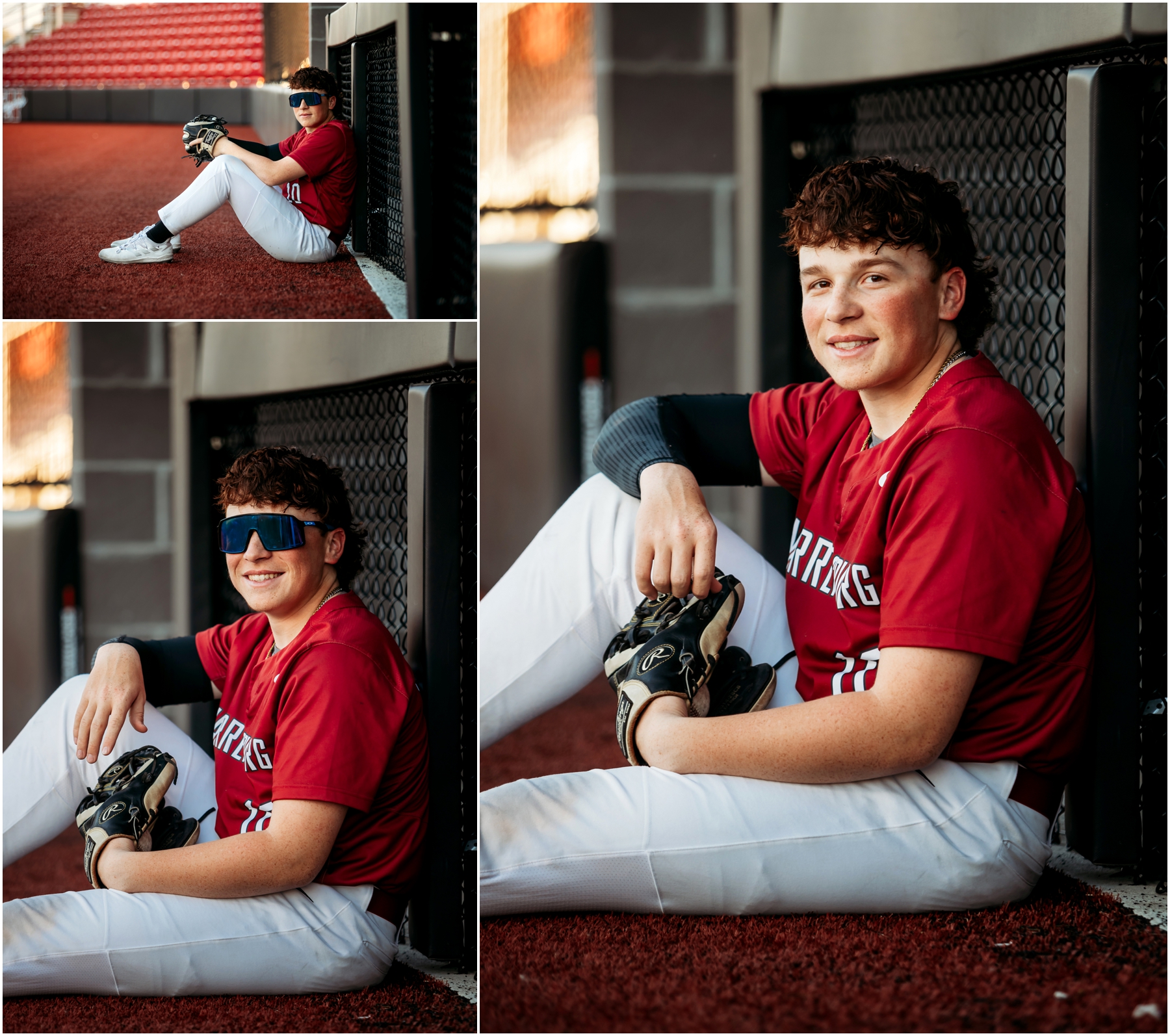 Warrensburg senior portraits of Ryan, featuring a blend of natural and sports settings with creative lighting effects, captured at Pertle Springs and WHS Baseball Field.