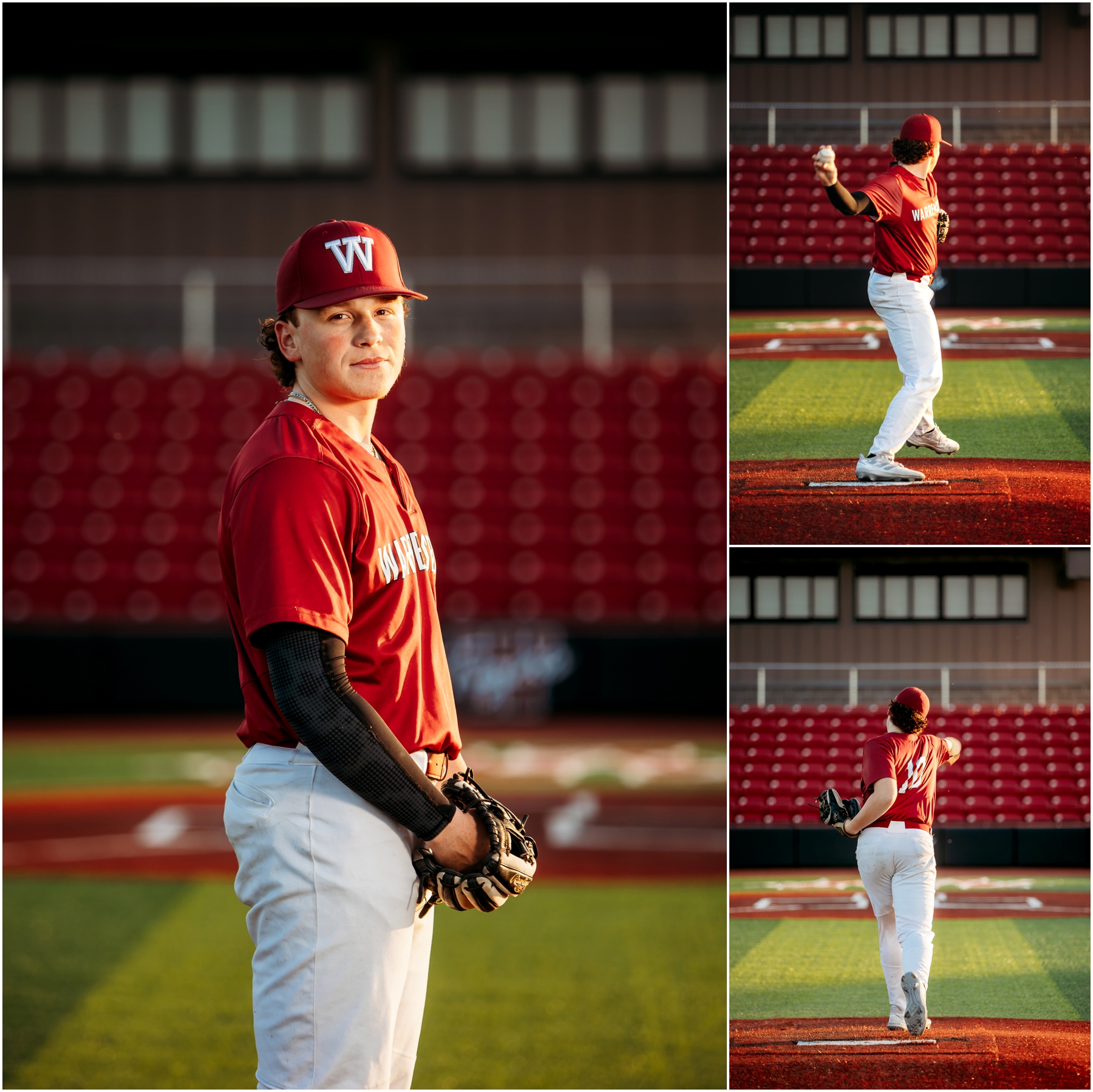 Warrensburg senior portraits of Ryan, featuring a blend of natural and sports settings with creative lighting effects, captured at Pertle Springs and WHS Baseball Field.