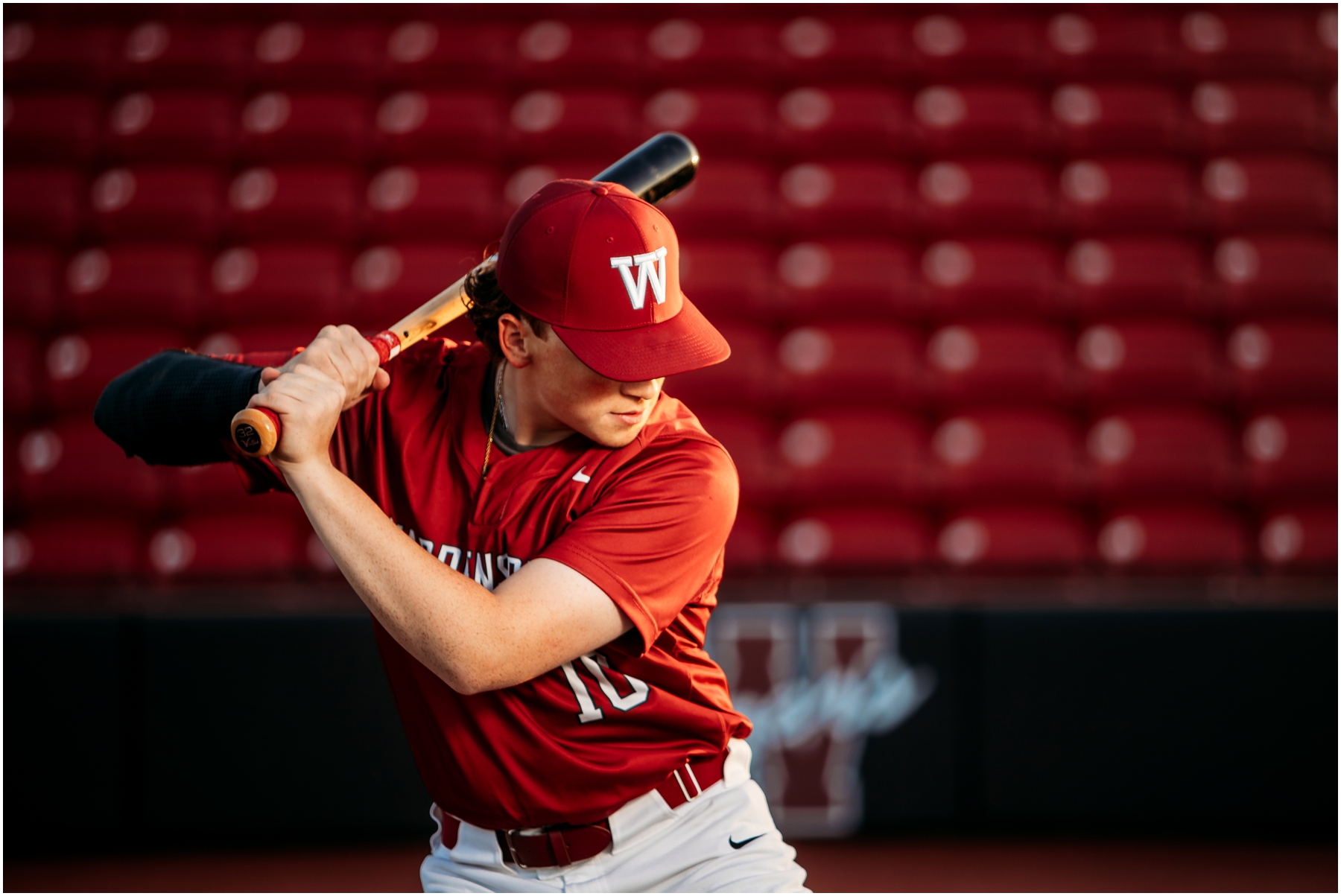 Warrensburg senior portraits of Ryan, featuring a blend of natural and sports settings with creative lighting effects, captured at Pertle Springs and WHS Baseball Field.