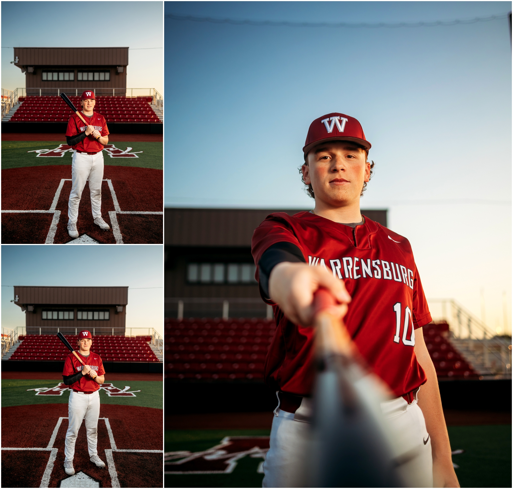 Warrensburg senior portraits of Ryan, featuring a blend of natural and sports settings with creative lighting effects, captured at Pertle Springs and WHS Baseball Field.