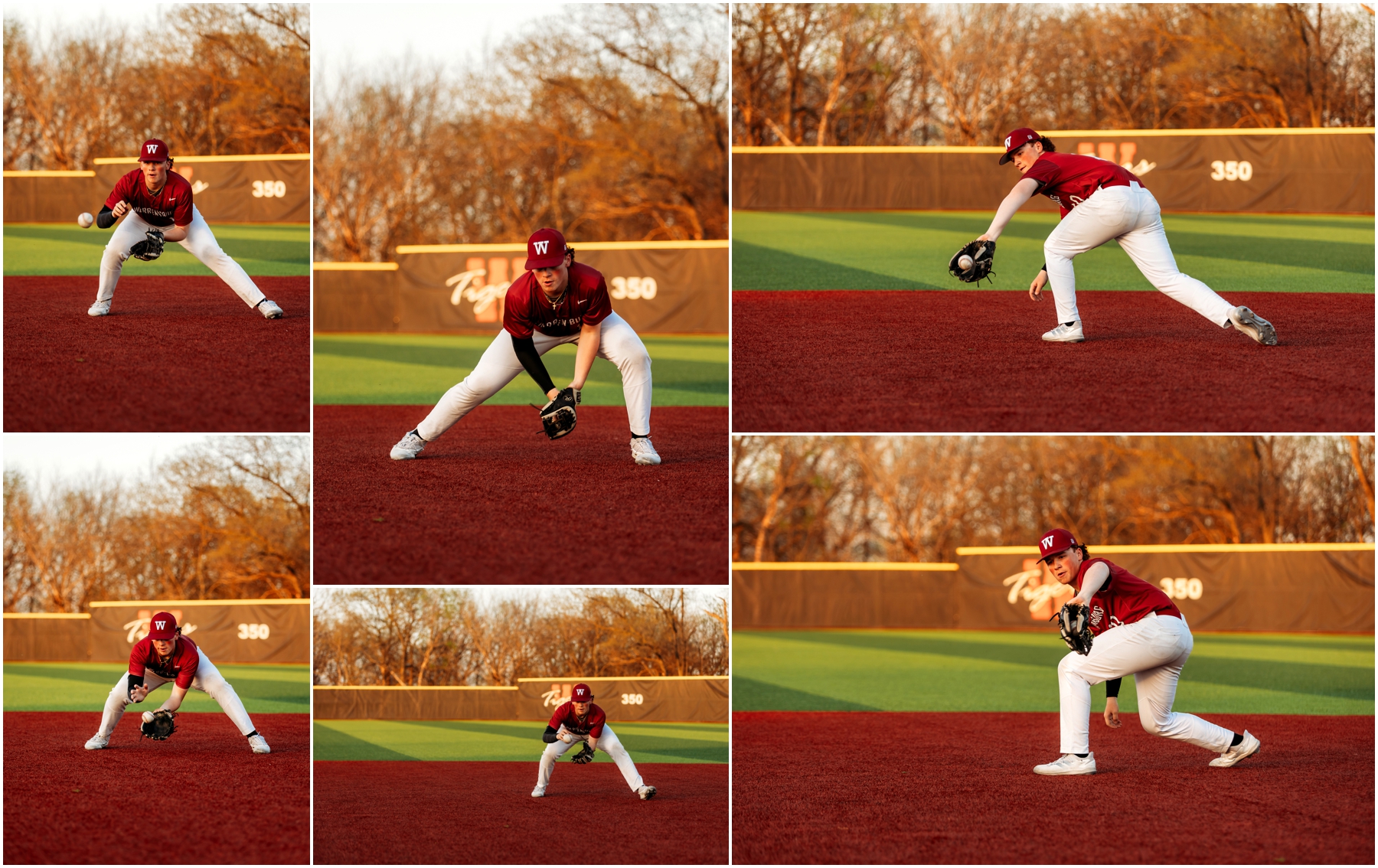 Warrensburg senior portraits of Ryan, featuring a blend of natural and sports settings with creative lighting effects, captured at Pertle Springs and WHS Baseball Field.