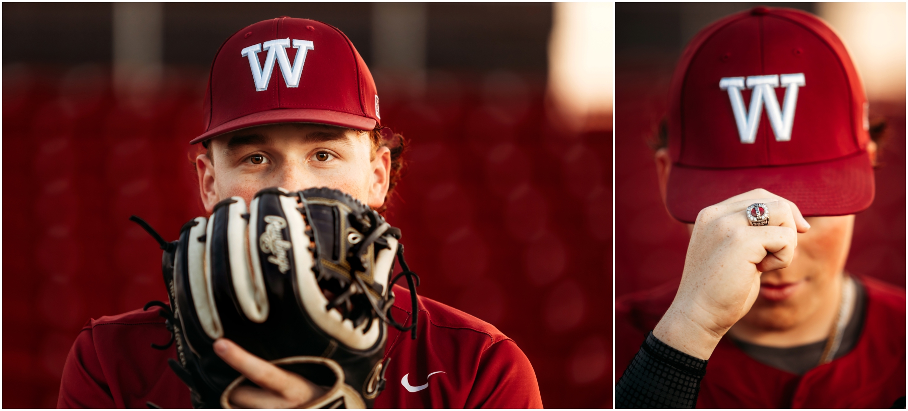 Warrensburg senior portraits of Ryan, featuring a blend of natural and sports settings with creative lighting effects, captured at Pertle Springs and WHS Baseball Field.