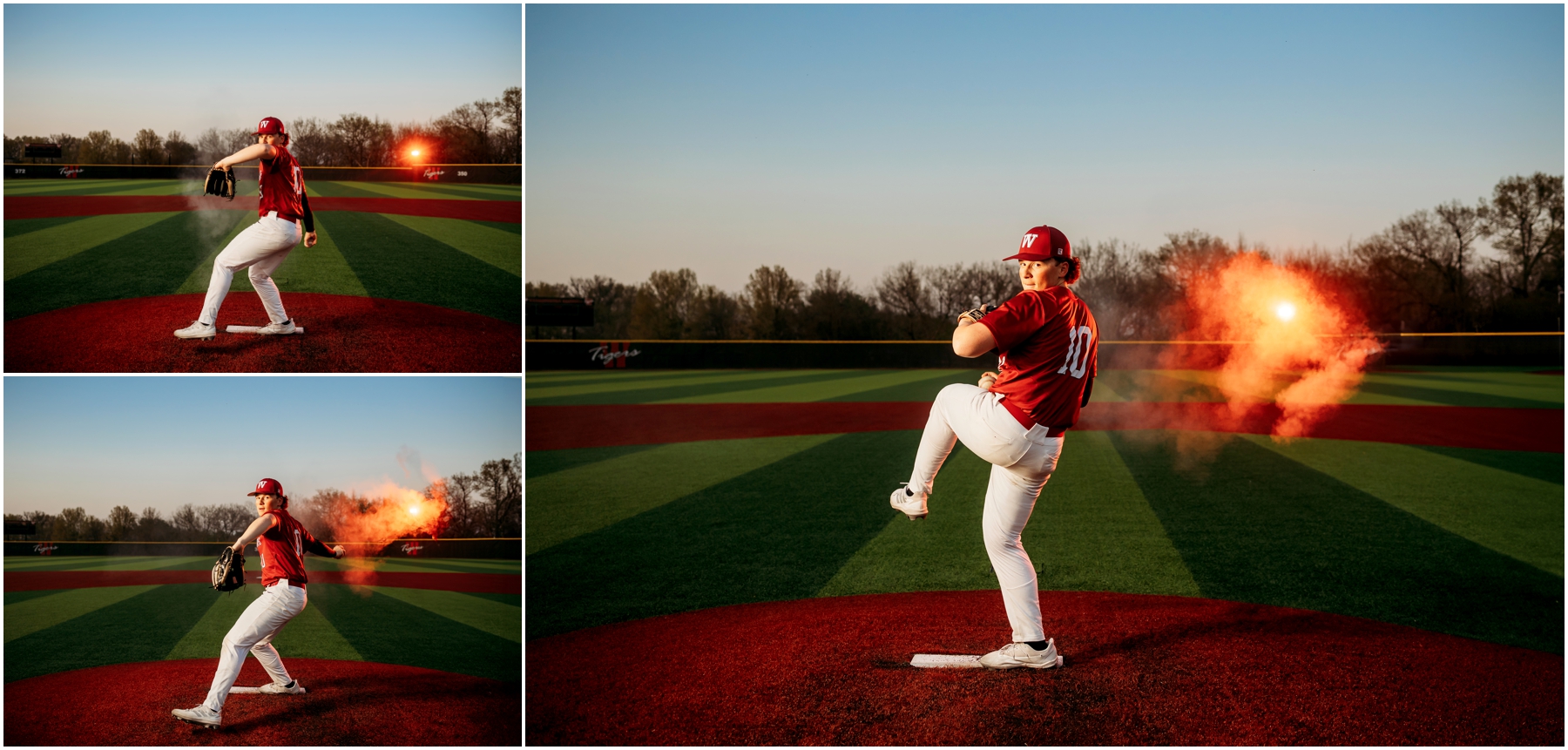 Warrensburg senior portraits of Ryan, featuring a blend of natural and sports settings with creative lighting effects, captured at Pertle Springs and WHS Baseball Field.