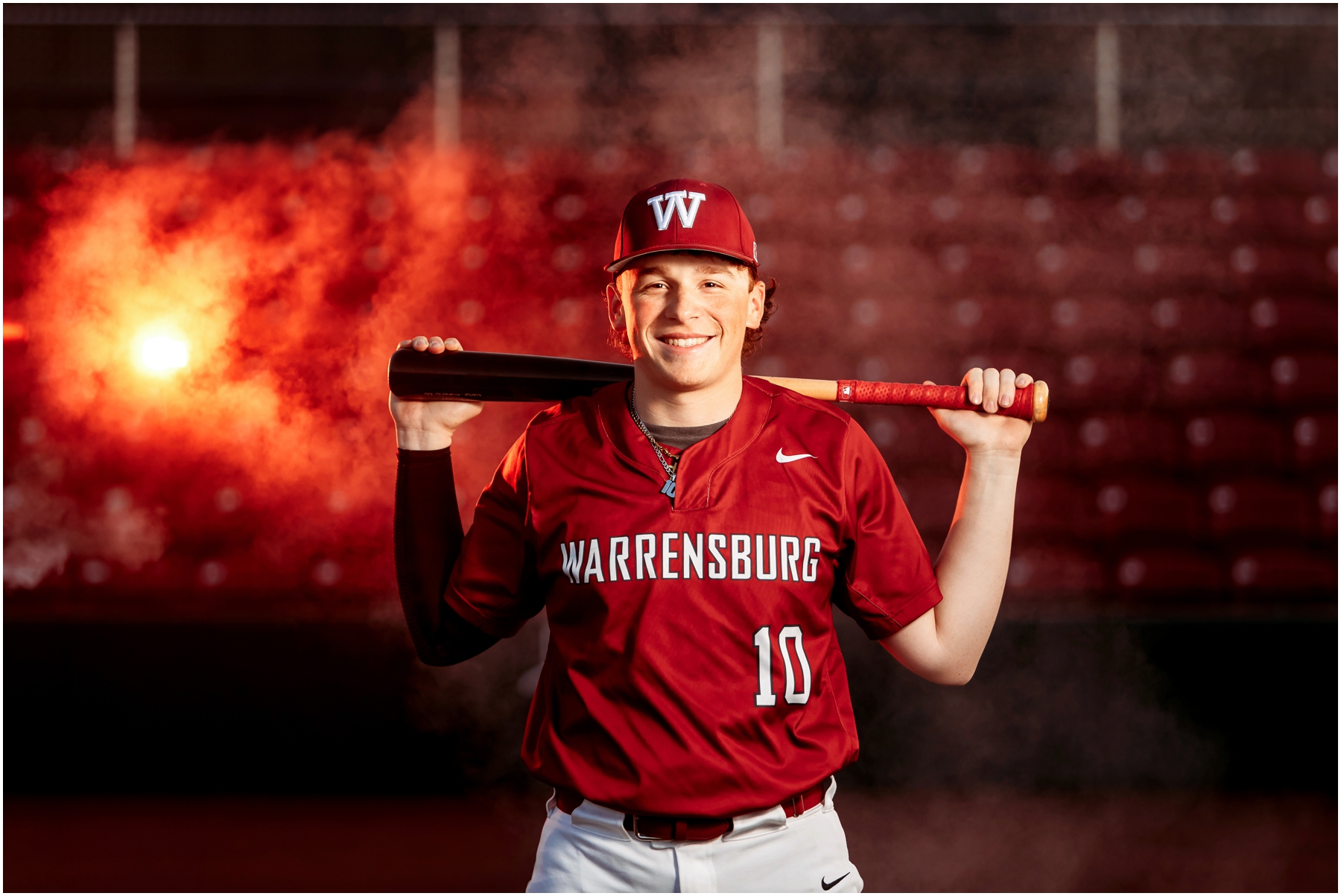 Senior portrait of Ryan, showcasing a blend of natural and sports settings with creative lighting effects, captured at Pertle Springs and WHS Baseball Field.